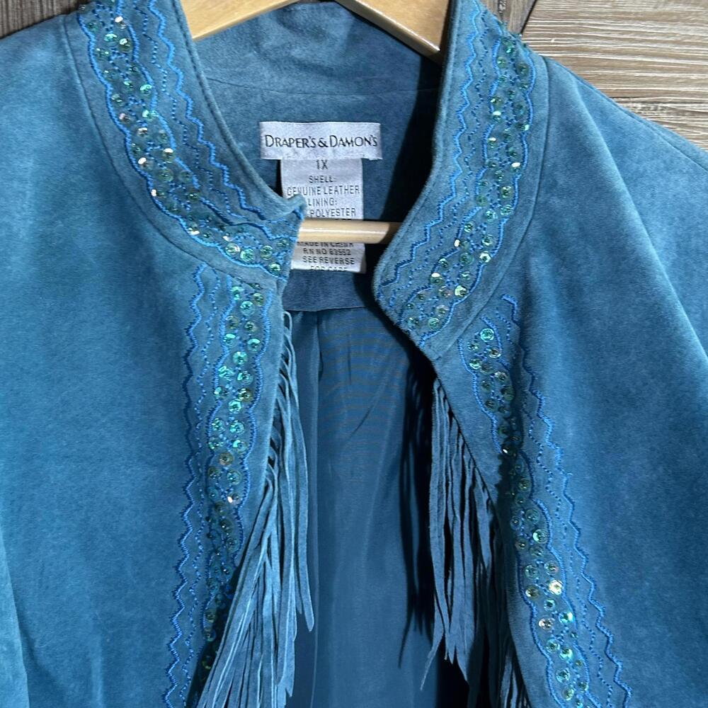 Drapers & Damons Embroidered Teal Leather Jacket Fringe Size 1X Boho Art to Wear - Picture 2 of 6